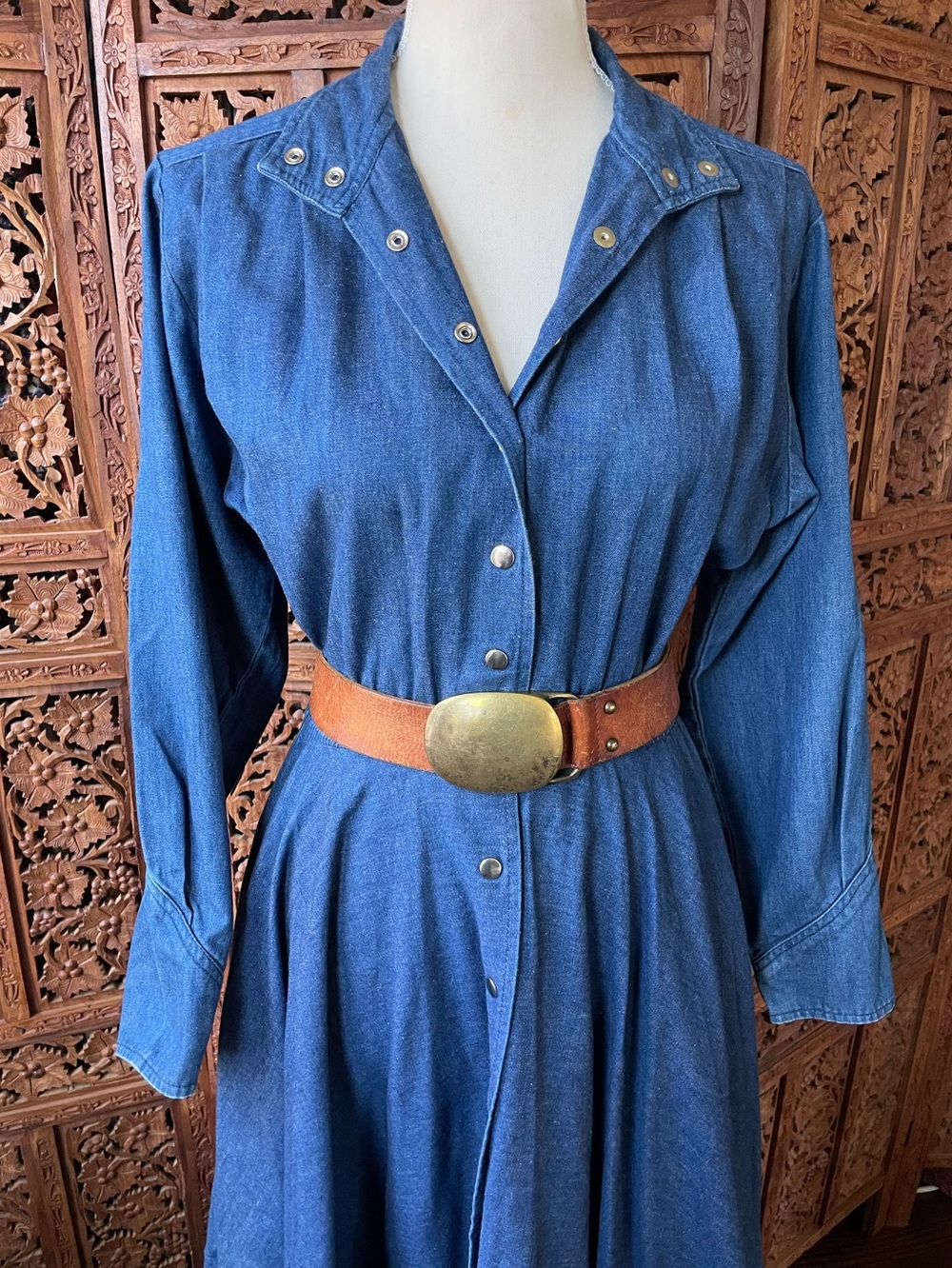 American Vintage Western Denim Jean Button-Front Midi Maxi Dress - Picture 5 of 16